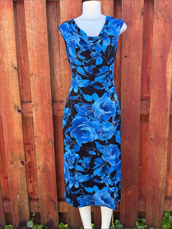 connected apparel Dresses & Skirts - connected apparel Black and Blue Floral Cowl Neck Midi Dress Size 4